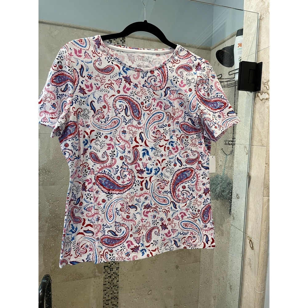 Talbots Womens Paisley Floral Blouse Top Short Sleeve White Red Blue PL LP NWT